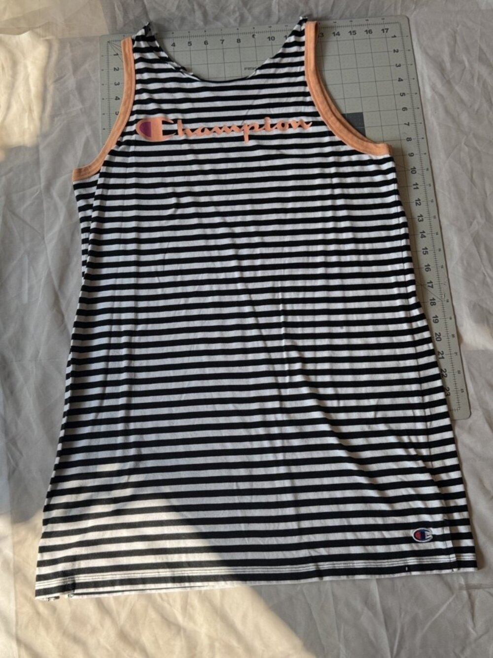 Champion Striped Sleeveless Tank Dress Top Black White Peach Logo